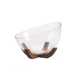 Travessa Vidro Redonda Aclive Suporte Madeira 22cm