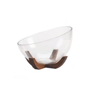 Travessa Vidro Redonda Aclive Suporte Madeira 22cm